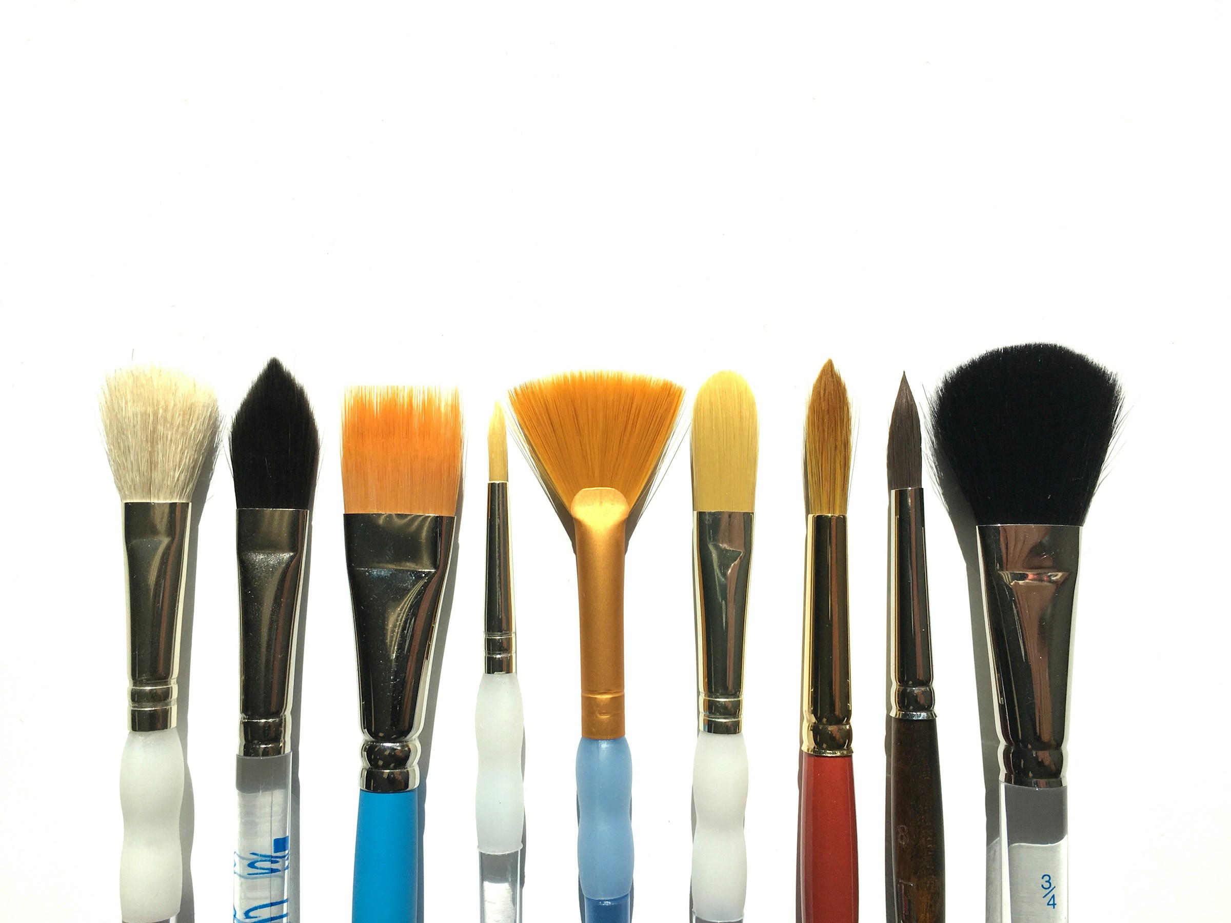 a variety of paint brushes lined up